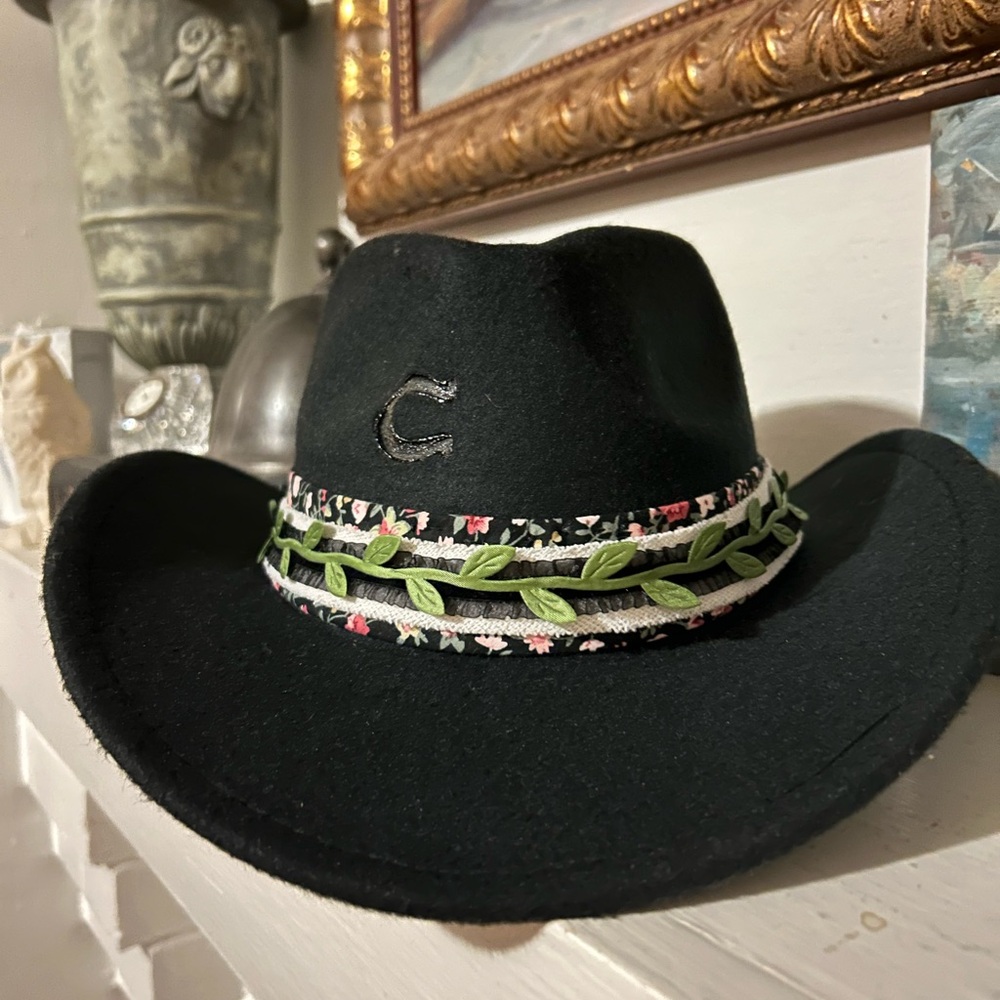 Chic Black Cowboy Hat with Floral and Green Band